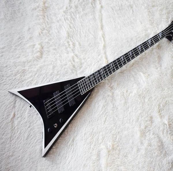 Bütün Özel V Şekl Siyah 5 Strings Beyaz Strip Black ile Elektrik Bas Gitar Whitwhite İnci Fret Inla3256469