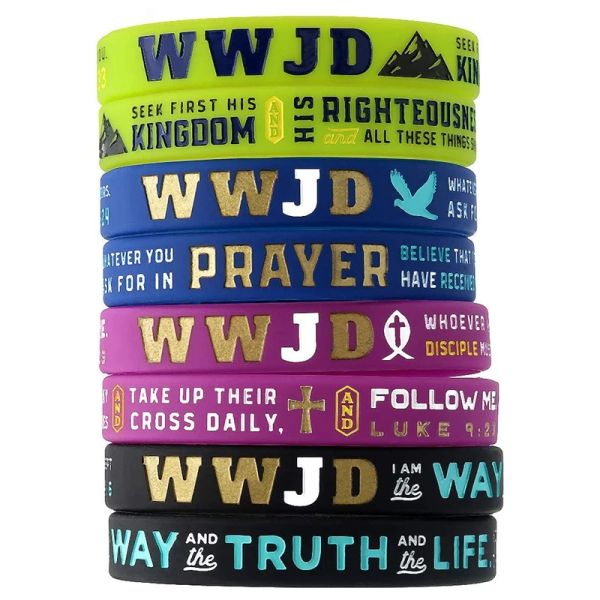 Armbänder 50pcs Bibelverse wwjd Lehren von Jesu Silikon Armband Gummi -Manschettenarmbändern