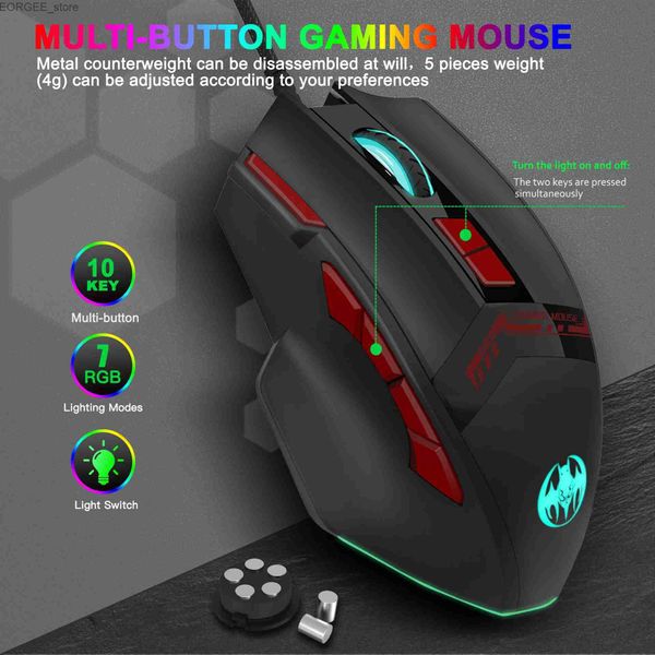 Мыши 10 Ключевой RGB Wired Gaming Mouse USB Computer Mouse 7 Цветные волосы фотоэлектрические проводные мыши Y240407