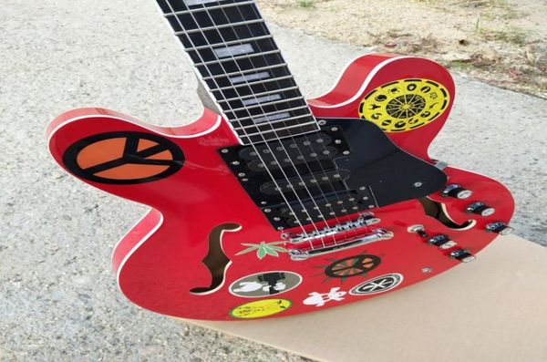 Пользовательский магазин Элвин Ли полу -лостовый кузов Big Red 335 Jazz Electric Guitar Multi Sticker