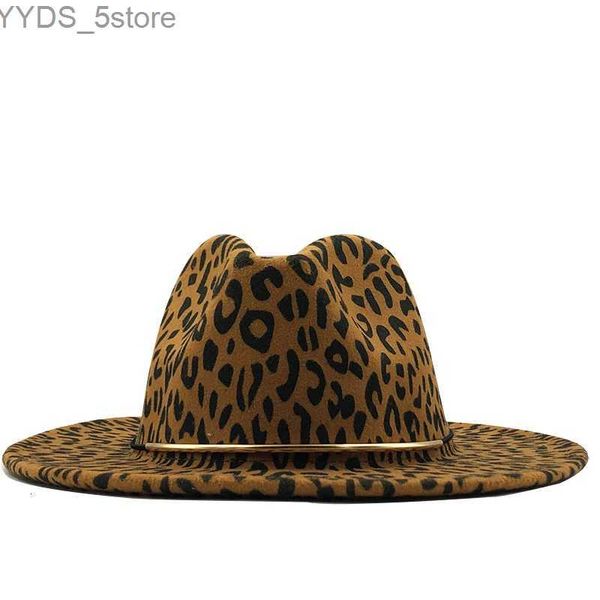 Geniş Memlu Şapkalar Kova Yeni Trend Unisex Sade Dokunma Yün Keçe Caz Fedora Şapka Erkek Leopar Baskı Kemeri Dekorasyonu Trilby Panama Resmi YQ240407