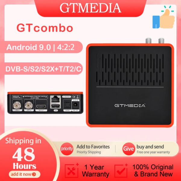 Box GTMedia GT Combo Android 9.0 TV Box DVBS2 T2 Cabo 2G+16G Receptor de satélite M3U CCAM Construído em estoque WiFi PK GTC na Espanha