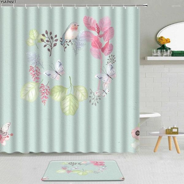 Duschvorhänge 2pcs einfache floralgrüne Hintergrund Vorhang Sonnenblume Pflanze Vogel Schmetterling Badezimmer Stoff Nicht-Schlupf-Badematte Set