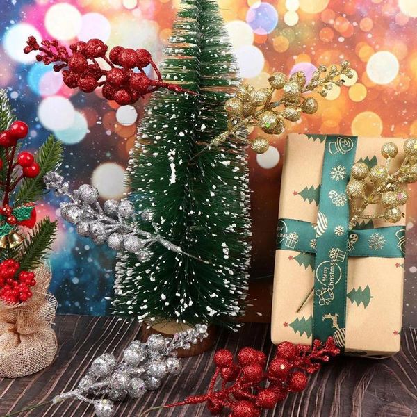 Fiori decorativi 10 pezzi di bacche di bacche natalizie artificiali steli bacche di alberi decorazioni scintillanti rami di Natale pick argento