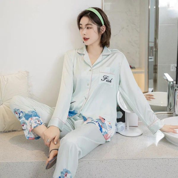 Home Clothing Blue Pyjamas Set für Mädchen Satin Nachthemen Nachthemd 2024 Homewear -Hosen Anzüge weibliche Dessous intime Nachtwäsche