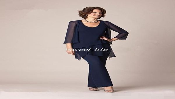 Tre pezzi Chiffon Mother of the Bride Pant Suit 2020 Maniche lunghe formali plus size per la spiaggia abito da sera per feste da sera1222620