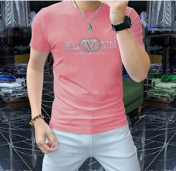 24SS Новые мужские повседневные 3D Тяжелая горячая буровая рубашка Футболки модные блестящие сияние черный розовый цвет футболка футболка мужская мода 4xl5xl короткие рукава Top Toe Toe
