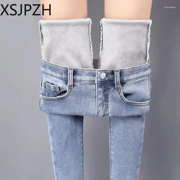 Jeans feminino plus size women calça lápis inverno quente lady lady alta cintura emagrece calças de veludo casual moda