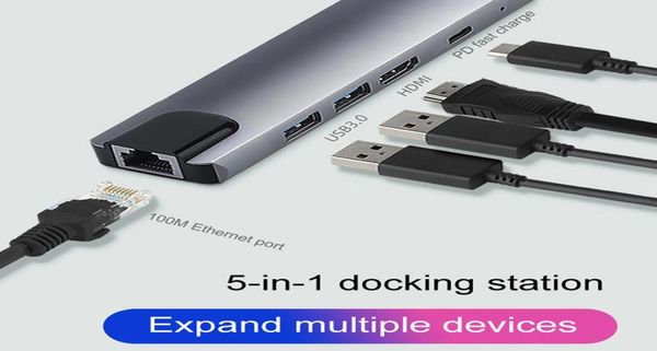USB30 TIPO C Hub 5in1 Ponto de ancoragem 4K HDTV USBC A Gigabit Ethernet RJ45 LAN Adaptador multi -divisor com energia para MacBook Pro3860315