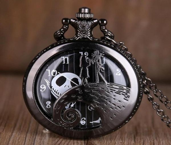 The Nightmare vor Weihnacht Quarz Pocket Watch antike schwarze Stahl Männer Frauen Anhänger Halskette Clock Geschenke FOB Watch5856567