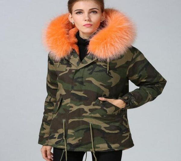 2019 Fashion Women Snow Coats Meifeng Brand Orange Rabbit Purne Camouflage Shell Mini Parka con rifinitura arancione arancione Hoody2712181