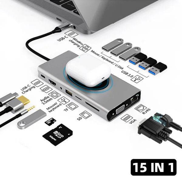 PENS 15 in 1 USB Tipo C HUB Wireless Carica Wireless USB 3.0 RJ45 PD a HDMicompatible Adapter Docking Station per PC per laptop Book Pro