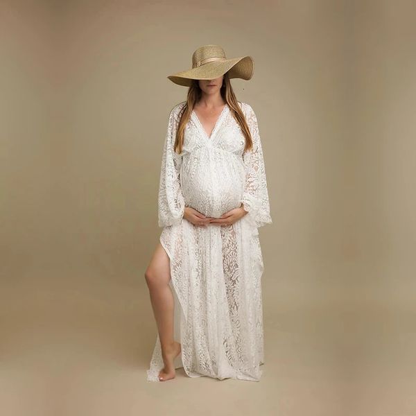 Maternidade de renda bohemiana Po tiro de vestidos longos lados com fenda gestante Mulher vestido de roupas de pografia Veja através de 240326