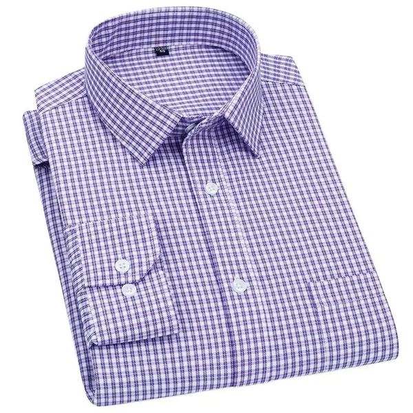 Herren Langarm Shirt Business Casual Classic Plaid Striped Checked Blue Purple Male Social Hemden für Man Button Shirt 240326