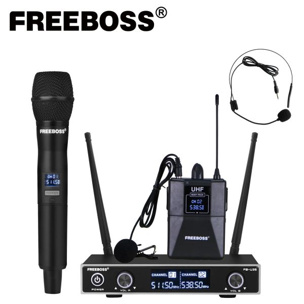 Mikrofonlar Freeboss FBU35H Çift Yol UHF Sabit Frekanslı Kablosuz Mikrofon Sistemi, Karaoke Mikrofon için Handlid + Yoklu + Kulaklıklı