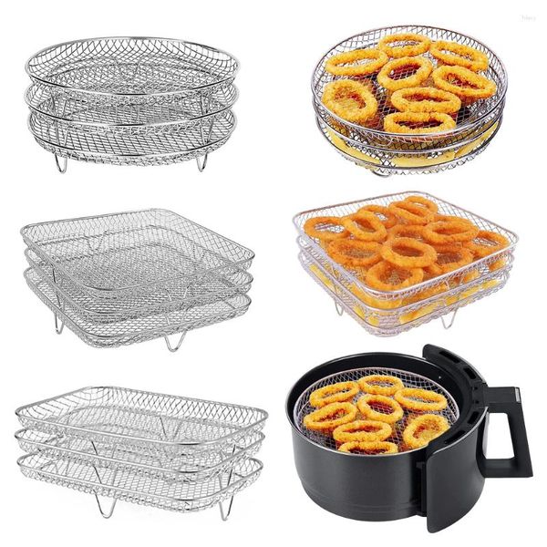 Doppelkessel 3-Layers Air Fryers Rack Stapelbares Gitter Grillstahl Anti-Korrosion Home Küchenofen-Dampfer-Kocher Gadgets