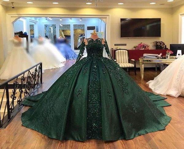 Muhteşem Uzun Kollu Kırmızı Quinceanera Elbiseler Dantel Aplikler Balo Elbise Işıltılı Tatlı 16 Yıllık Prenses Elbise 15 Yıl Vestidos D1595078