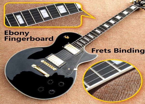 Целое качество LP Custom Shop Black Color Электро -гитара Ebony Learsboard Frets Golden Hardware4364456