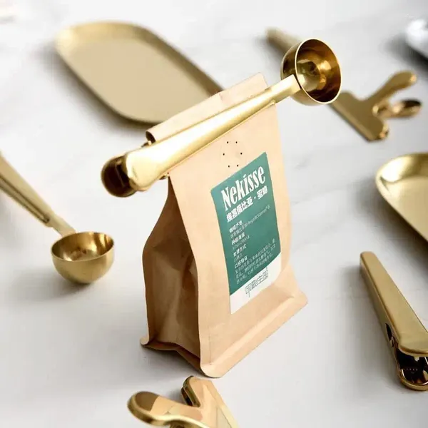 Kaffeeschaufeln Zwei-in-Eins-Edelstahllöffel Löffel Dichtungsklammer Gold Seal Pulver Füllung Küchenzubehör Café Dekoration
