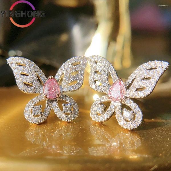 Brincos de garanhão Quexiang S925 Prata esterlina Luxo de luxo de luxo Pink Diamond Butterfly Jóias femininas Charm de moda