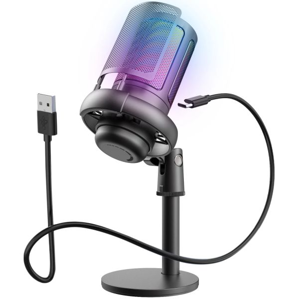 Microfones Gaming USB Microfone de streaming de streaming de podcast Miccast Mic com Shock MountGain Control Touchmute Chave RGB para PC para laptop