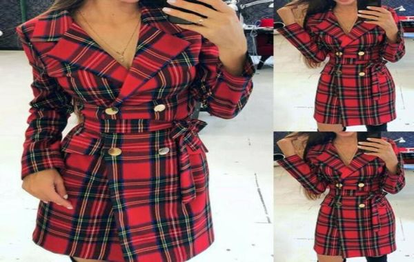 Vintage Red Check Women039s Anzüge doppelte Baceed Retro Blazer Kleid in Stock hochwertiger Club Daily Casual Coat 1 Stück 5893255