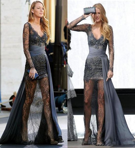 Gossip Girl Blake Lively Fashion Zuhair Murad Prom Vestidos de Mangas Longas Cinza Vestidos de Celebridades de Minchas de Lace Completa