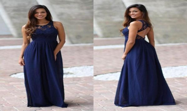 Navy Blue Country Style Bridesmaid Kleider Lang 2018 Spitze Top Chiffon Rock Bodlange Trauzeugin Custom Made EN20788820846