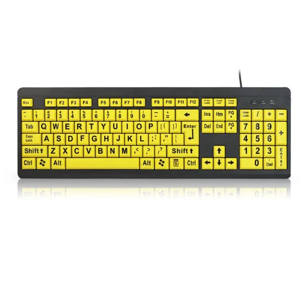 Teclados teclados USB com fio para estudantes aprendem PC 104 Chaves em tamanho real estilo homem estilo inglês com grandes letras amarelas