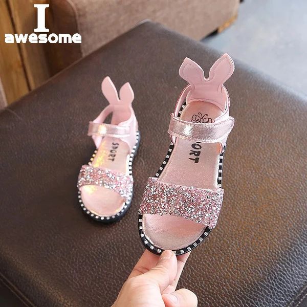 Sestate per bambini sandali per le orecchie di coniglio di coniglio Glitter Rhinestone Girls Princess Roman Bambini Flat Dons Accessicus Shoeps 240329