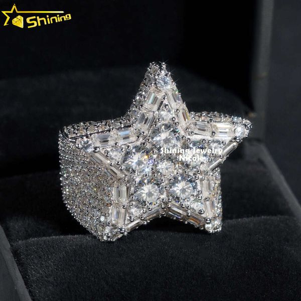 PASS Diamond Tester Fancy Shape Star Rings Iced Out 925 Sterling Silver Moissanite Hip Hop Ring