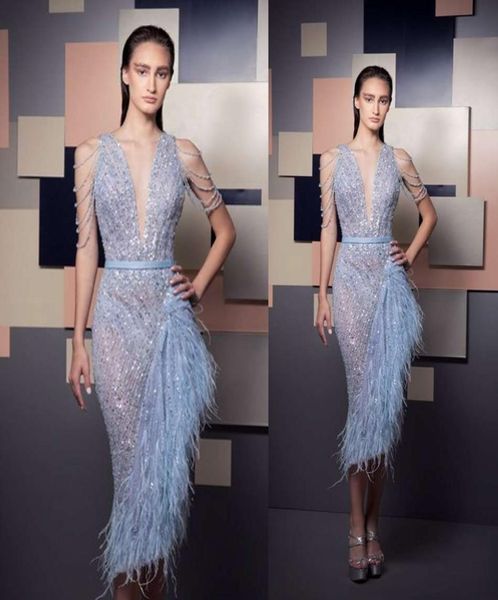 2019 Ziad Nakad Bling Bling Bling Dresses Sexy Deep Deep Neck Lace in rilievo con paillettestri da sera da sera personalizzata Occasion2975605