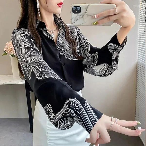 Damenblusen Marke Frauen Frühling Herbst Blumenbluse Bürogeschäft Tops Casual Revers Button Up Long Sleeve Lose Chiffon Shirt