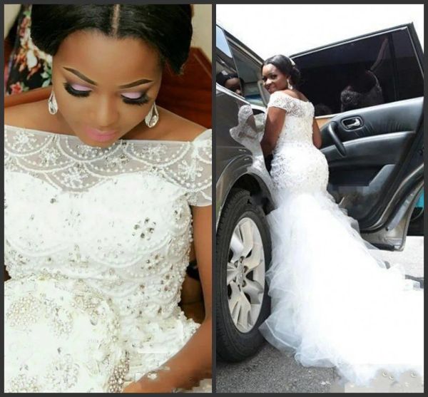 Abiti 2020 Nuovi abiti da sposa nigeriani arabi taglie forti perle a maniche corte a livelli lunghi abiti da sposa a sirena da sposa 379