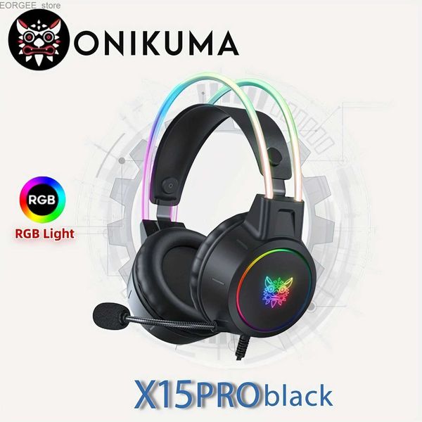 Наушники сотового телефона Onikuma x15 Pro Gaming Наушники RGB Head Beam с микрофоном 3,5 мм проводных наушников Прочная стерео окружающая лайта RGB Грамовая гарнитура Y240407