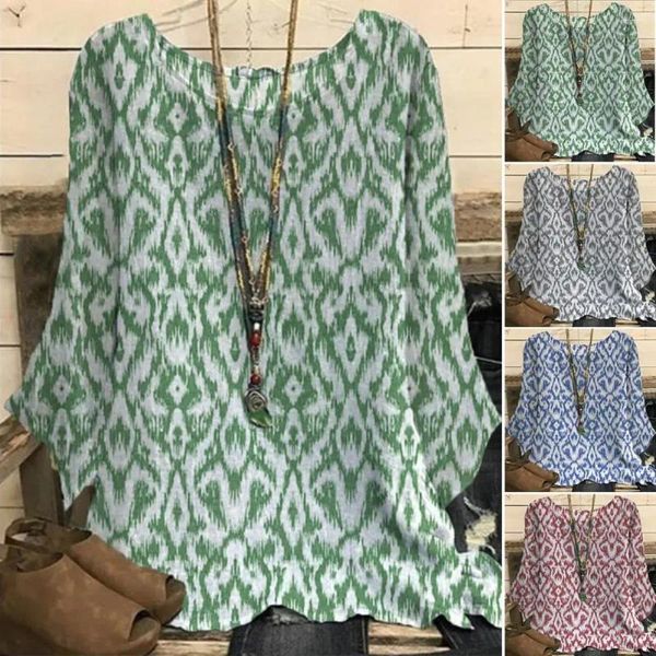 Camicette da donna donna camicetta retrò collo tondo quotidianamente indossare una top femmina con stampa a maniche lunghe casual con collana per appuntamenti