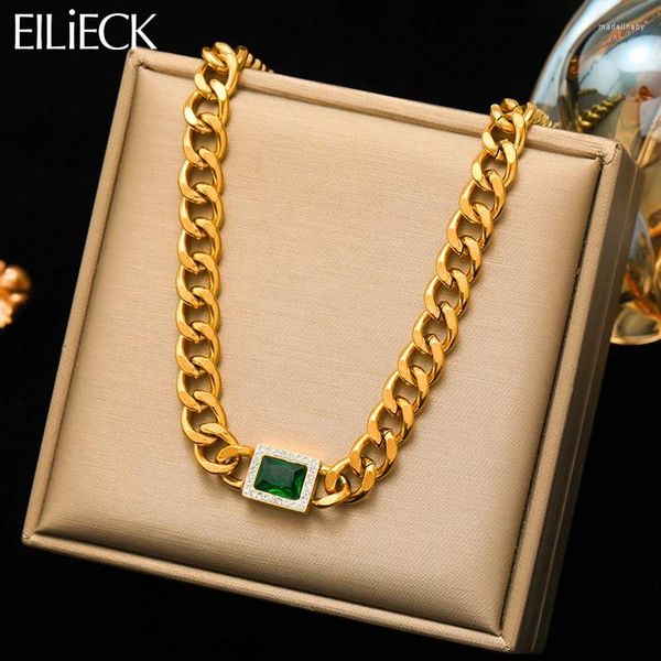 Ketten Eilieck 316L Edelstahl Quadratgrüne Zirkonia Kristall Halskette für Frauen Trend dicker Kettenhals Schmuck Geschenk