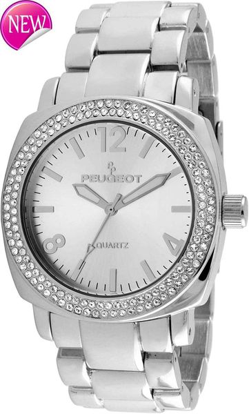 Peugeot Womens Foruphing Boyfry Негабаритные часы Swarovski Crystal Inlade Bezel и металлическая цепь браслет