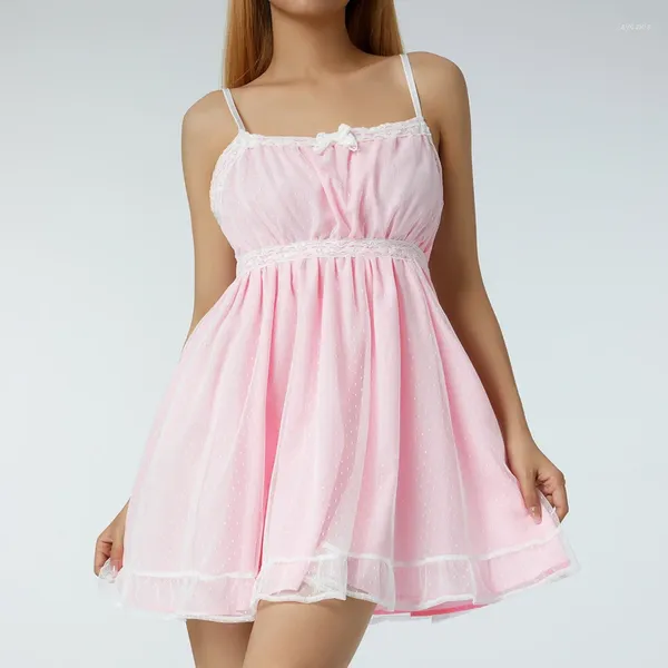 Vestidos casuais y2k bobo kawaii rosa A-line Dress 2024 Summer Mulheres de renda de renda mini-vestido de verão harajuku doce arco e menina roupas de rua