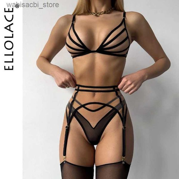 Sexy Conjunto Ellolace Sensual Lingerie Nude sem costura Seja através de roupas íntimas BRA transparente Conjunto de cinto de liga sexy sem censura nua