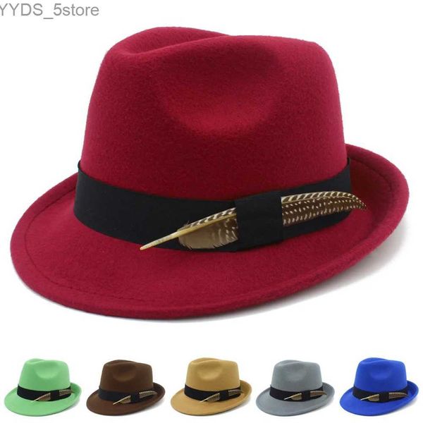 Chapéus de aba larga balde novo chapéus fedora jeans lã de lã do trilby meteorologista curto galo feminino secador de cabelo feltro yq240407