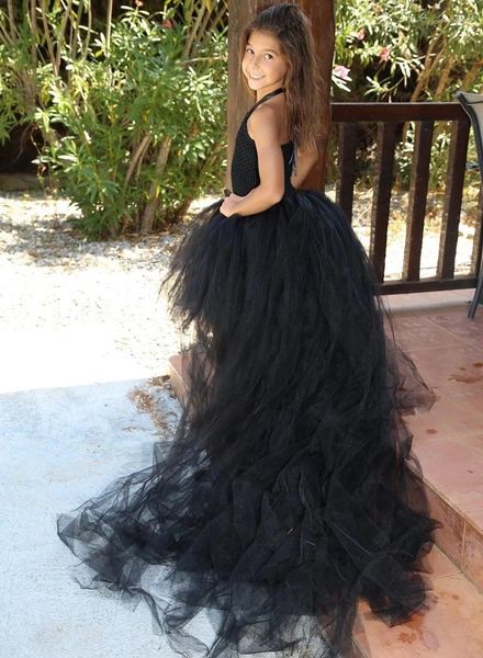 Vestidos de menina meninas preto longa trilha traseira tutu crianças crochê tule tule noite vestido de baile infantil festas de aniversário traje de banquete