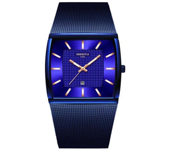 Nibosi Mens assiste a marca Top Brand Luxury Blue Square Quartz assistir homens à prova d'água Golden Male Watch Men Relogio Masculino New Styl4675923