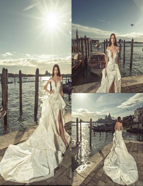 Julia Kontogruni 2019 Meerjungfrau Brautkleider Rückenless Lace Applique abnehmbare Rüschen Split sexy Brautkleider Perlen Beach Weddi3655353