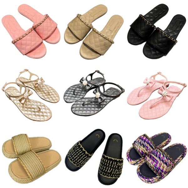 Hausschuhe echte Leder -Designer -Schuhe Luxus Bowties Sandalen Diamant Buchstaben Flip Flops Metallkette