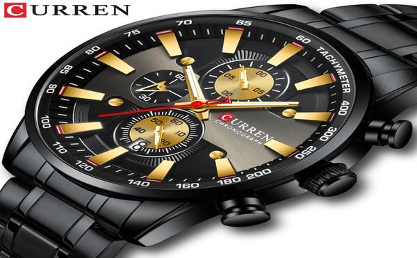 Curren Black Gold Watch for Men Fashion Quartz Sportswatch cronógrafo relógio Data de relógios de aço inoxidável watch3066084