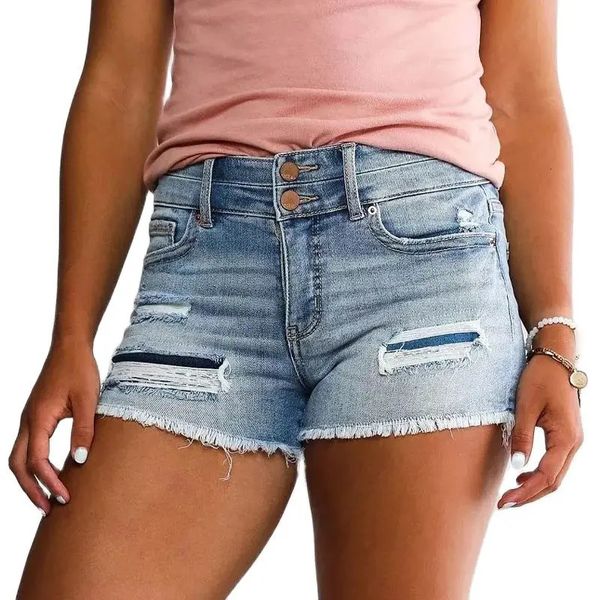 Hohe Taille Doppelknopf -Spleißen Denim Shorts Frauen gebrochene Löcher Quaste drei Viertel Hosen Frau Freizeit -Mini -Jeans 240407