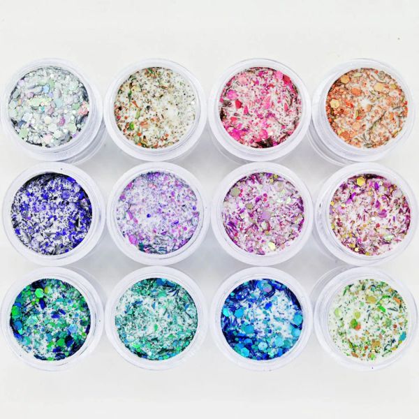 Garrafas 12Bottles/Set 3 em 1 acrílico Glitter Powder Unh Nail Art Extensão de imersão de escultura em pó de decoração de pó kit de pó TC#038