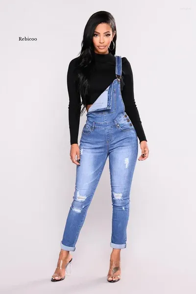 Frauen Jeans Frauen Overallgurte weibliche grundlegende klassische Bleistiftblau -Jeanshose gerissen Loch Stretch Rolms Jumpsuit