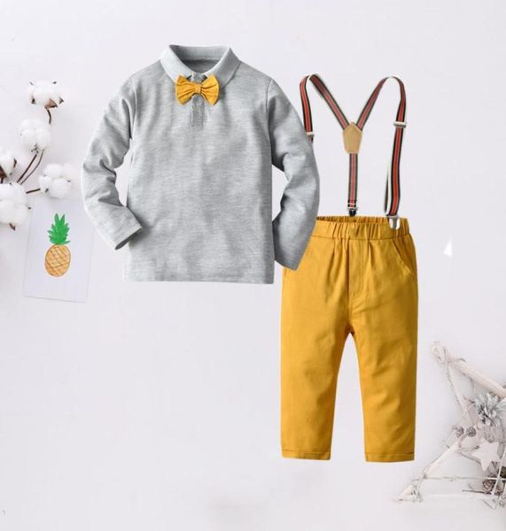 Kleiner Junge TshirttieSuspenderpant Kinder Vier -Stück -Set Langarm -Polo -Sets Gentry Children Suits für Frühling Herbst Kleinkind Kleidung 2212159